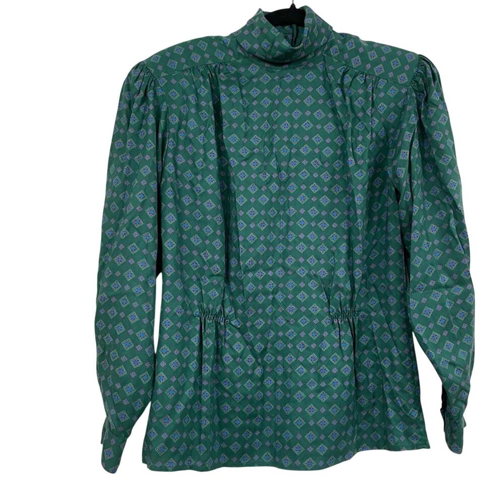 Vintage Evan Picone Green Geometric Print Long Sleeve Blouse Womens 12 1980s